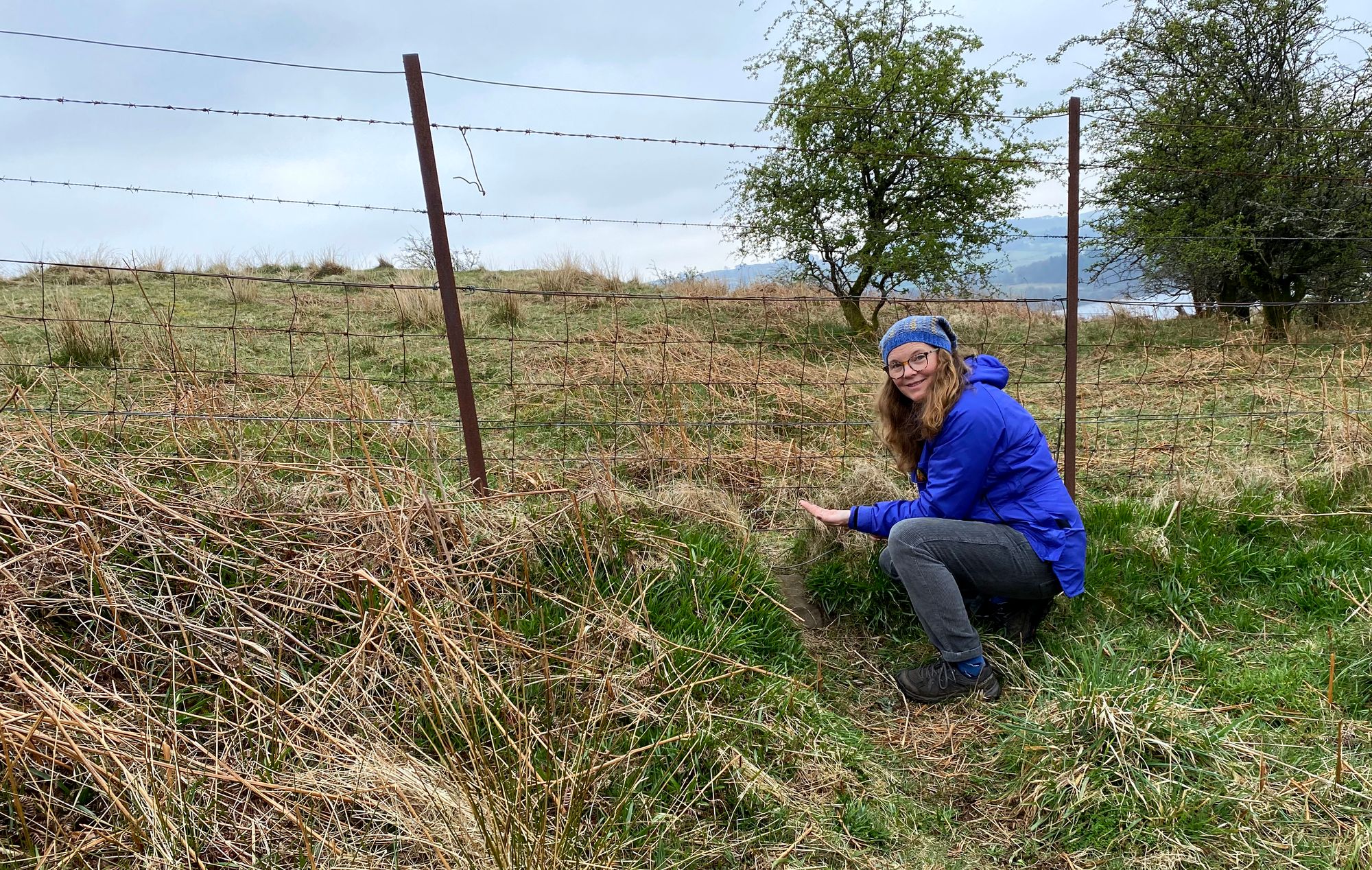 A photo of Diane kneeling next to a gap below a wire fence, indicating where badgers pass through